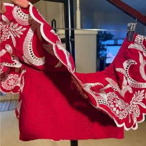 Express Red Crop Top with White Embroidered Eyelet